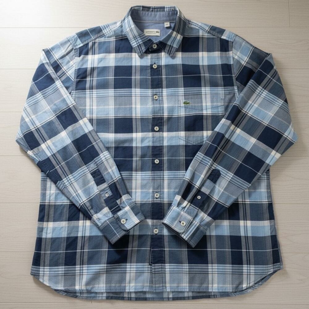 Lacoste Regular Fit Men's XL Blue Plaid 100% Cotton Button Down Shirt
